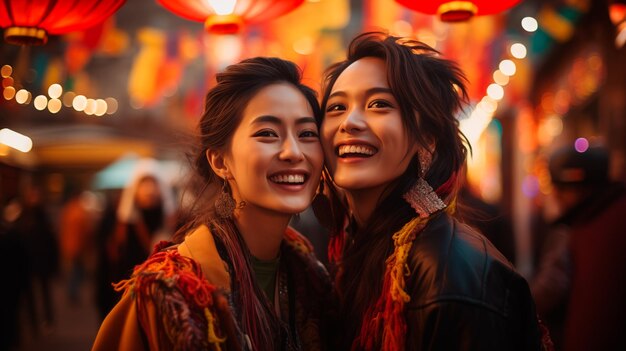 新年を祝う中国の通りでアジア人女性のカップル