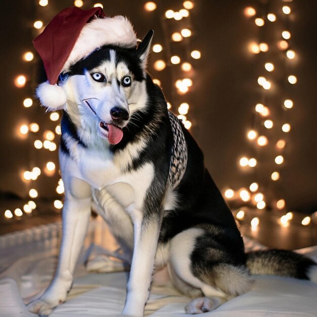 Фото Пара дома во время рождества наслаждается своей собакой
