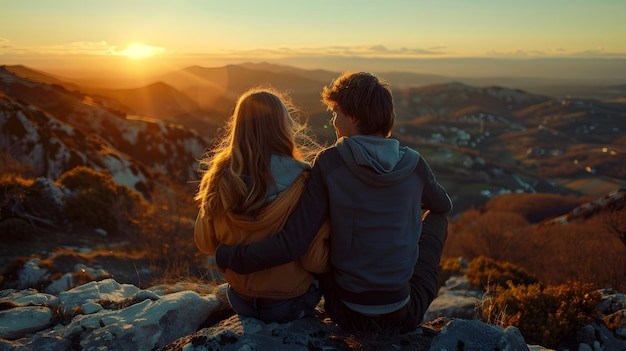 Couple atop mountain watching sunset immersed in natural landscape