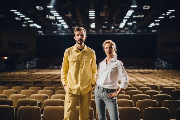 A couple in a auditorium with the words