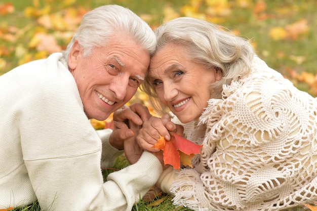 Couple in autumn park lying