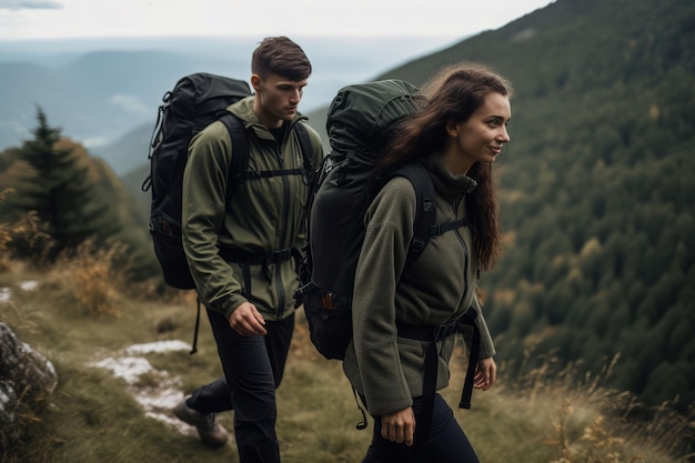 Couple backpack hiking trekking Active healthy Generate Ai