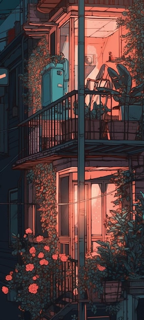 A couple on a balcony in front of a house with a balcony and a woman standing on the balcony.
