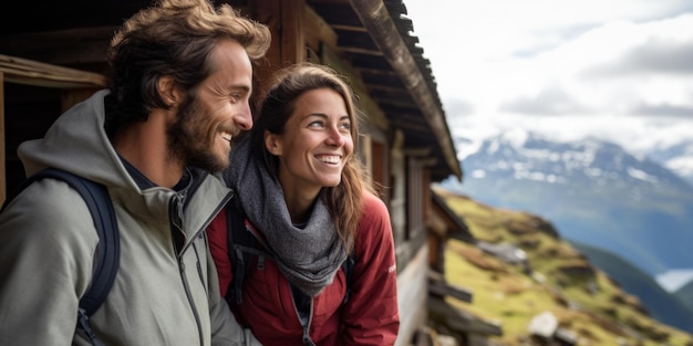 Couple on balcony of a mountain hut smiling Generative AI