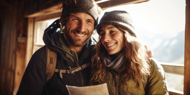 Couple on balcony of a mountain hut smiling Generative AI