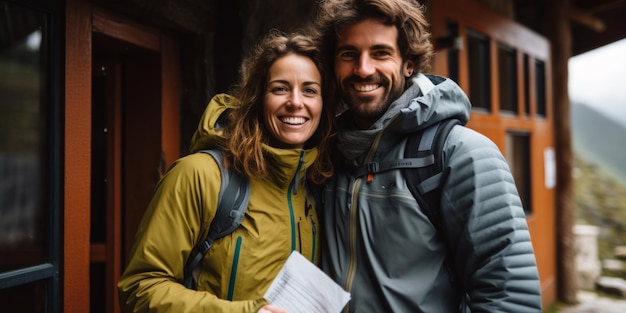 Couple on balcony of a mountain hut smiling Generative AI