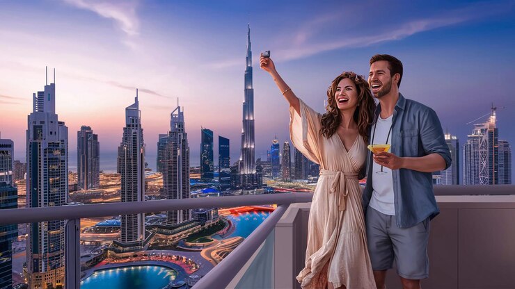 Photo couple on a balcony with a drink in front of a skyscraper