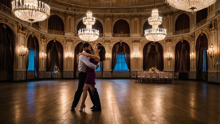 Photo a couple in a ballroom with chandeliers and chandeliers