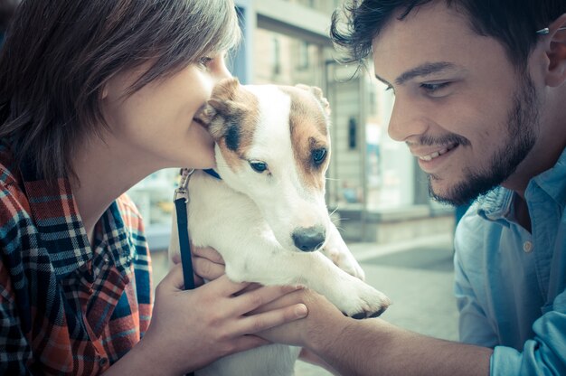 couple at the bar with jack russell