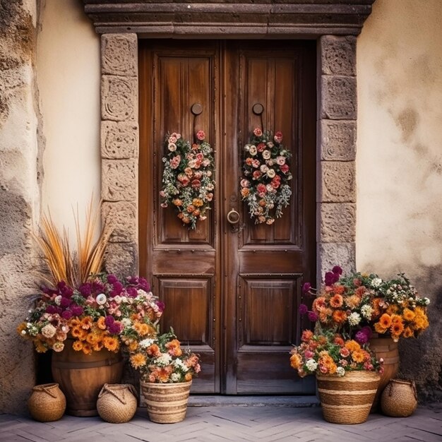 A couple of baskets with flowers on them are outside of a building.