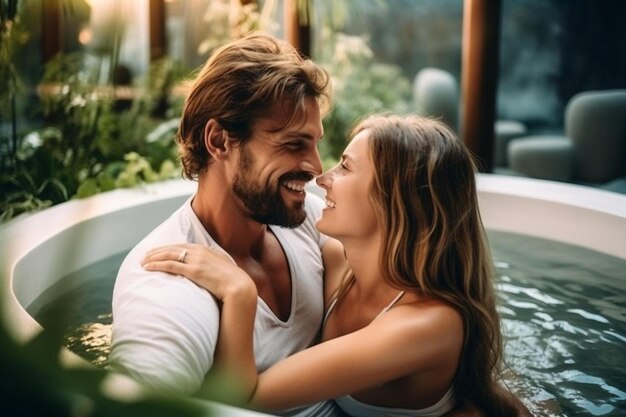 Photo a couple in a bathtub with a man and woman in the background