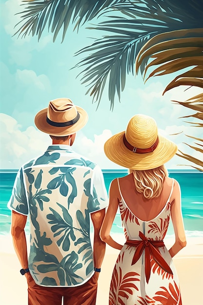 A couple in a beach dress looking at the sea