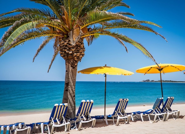 Couple beach travel summer holiday chairs umbrella palm tree