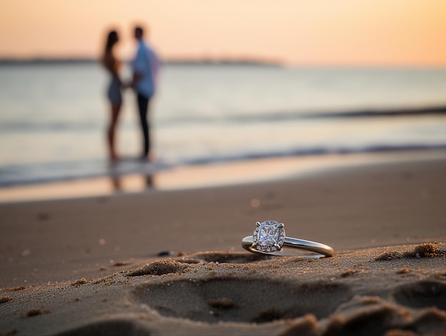 結婚指輪を持ったビーチにいるカップル