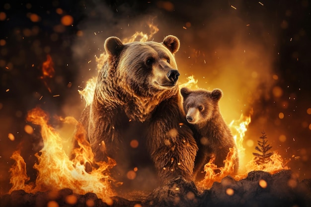 Пара медведей, один коричневый и один черный, стоят рядом друг с другом в лесу.