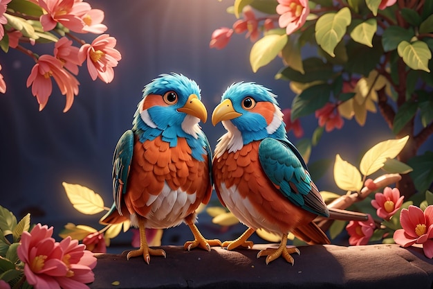 Пара красивых ярких влюбленных птиц любят друг друга, поздравляют