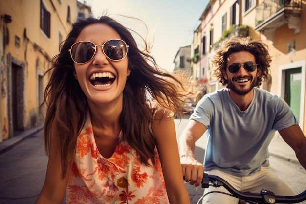 Couple on bike together riding in a city