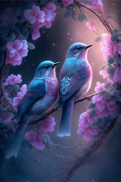 Couple of birds sitting on top of a tree branch generative ai