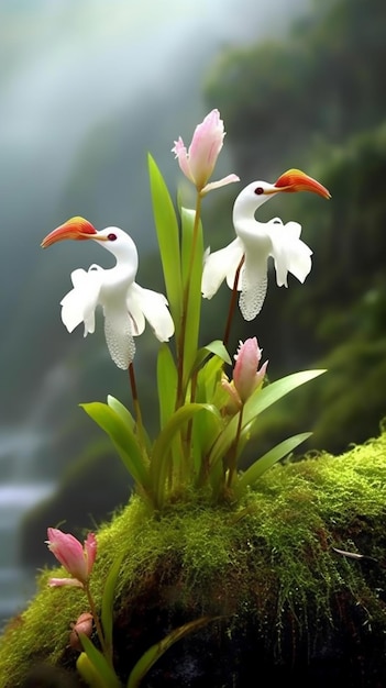 A couple of birds with a white beak and a pink flower on a mossy surface.