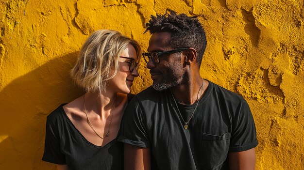 couple of black man and blonde woman wearing black clothes and glasses on a yellow background