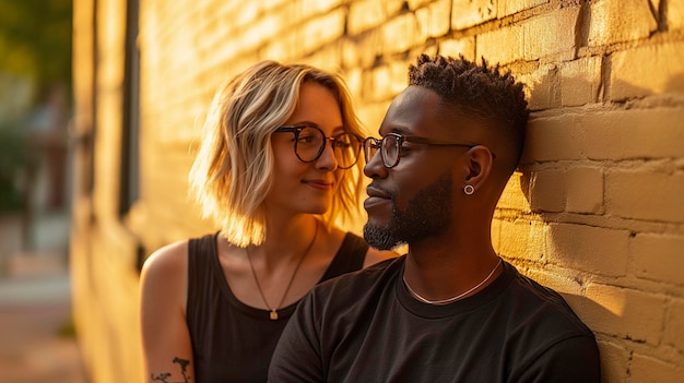 couple of black man and blonde woman wearing black clothes and glasses on a yellow background