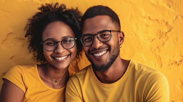 couple of black man and woman wearing glasses in studio photo with clothes and yellow background
