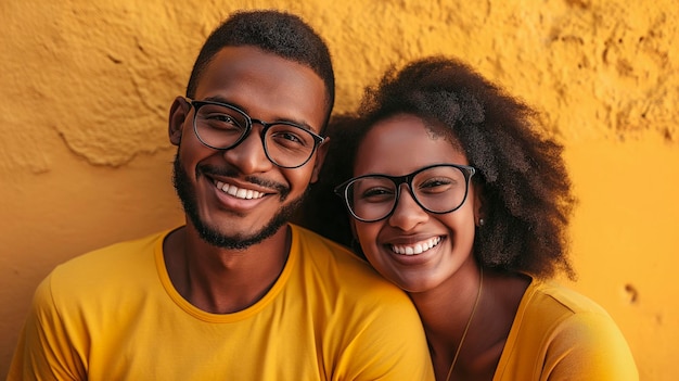 黒人男性と女性のカップルが服と黄色いBGのスタジオ写真でメガネをかぶっています