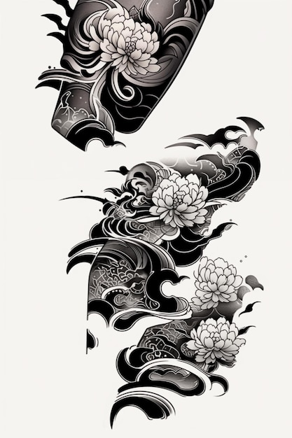 A couple of black and white tattoos of flowers and waves generative ai