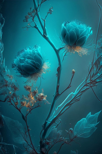 Couple of blue flowers sitting on top of a tree generative ai