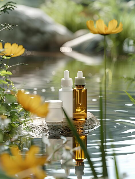 A couple of bottles of oil sitting on top of a body of water next to flowers and a rock product