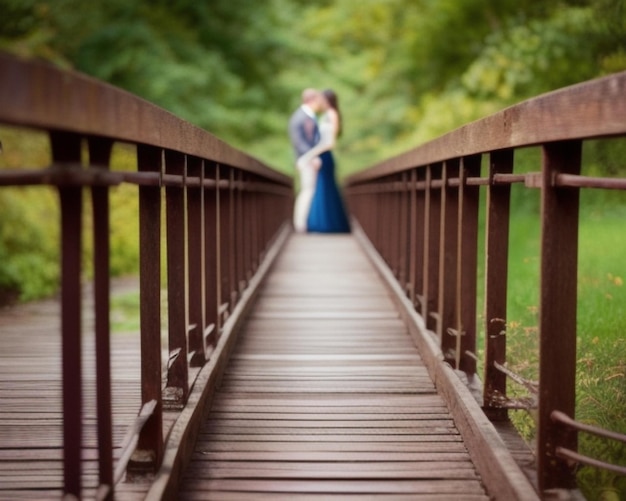 a couple on a bridge that has a blue dress on