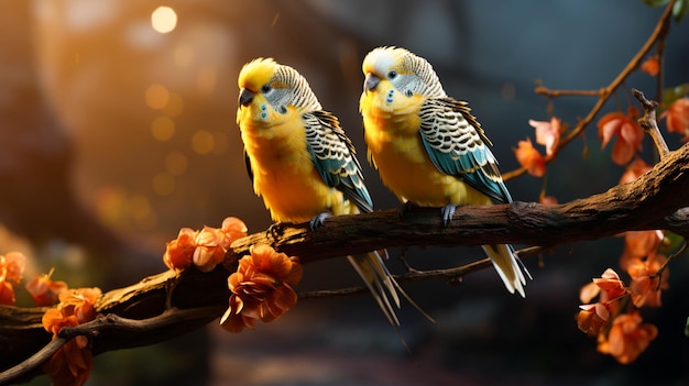 A couple Budgerigar sit on a branch infront view