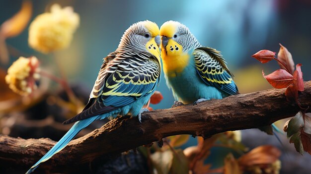 A couple Budgerigar sit on a branch infront view