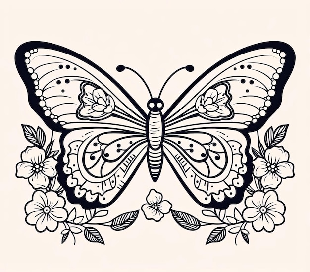 몇 마리의 나비와 꽃은 단순한 만화의 스타일로 페이지를 색칠합니다.