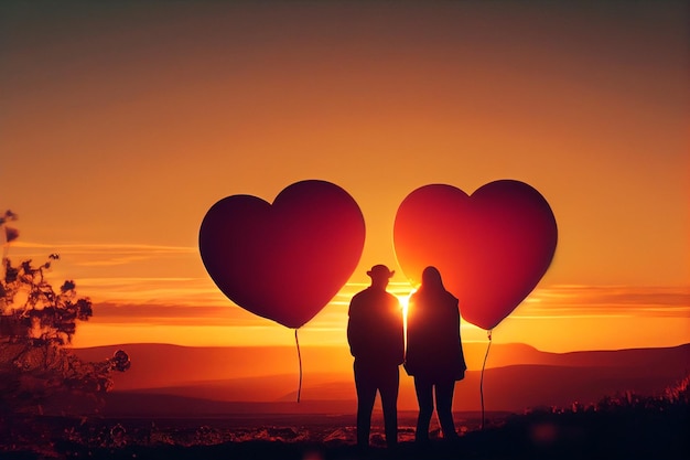 Couple by sunset with giant heart ballons made bygenerative ai