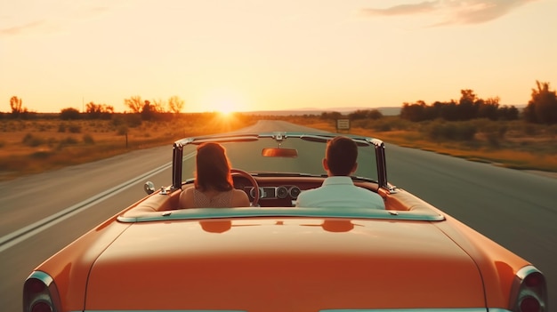 Couple in cabriolet on road back view Generative Ai