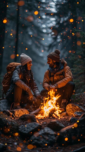 couple camping around campfire at night