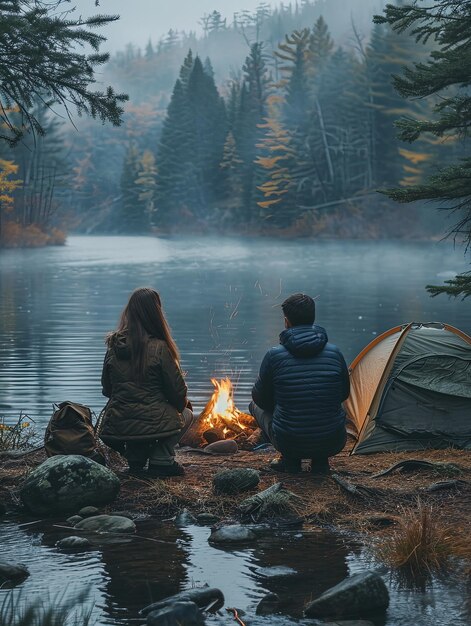 couple camping around campfire at night