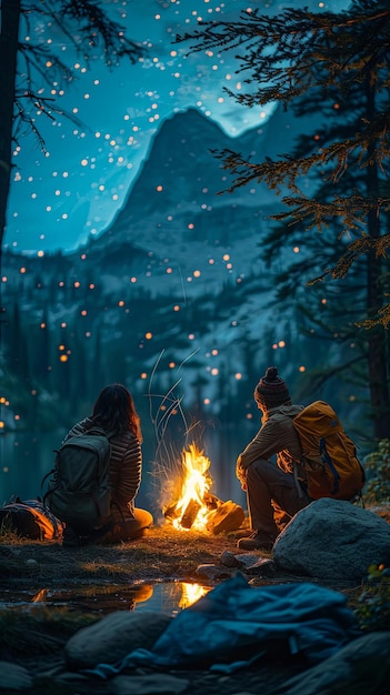 couple camping around campfire at night