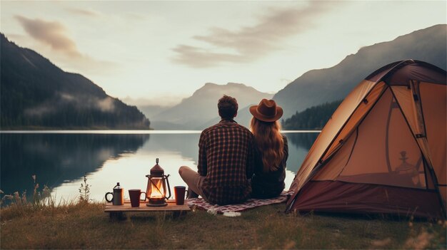 Couple camping in the mountains Back view of young couple sitting on the sand by the lake and drink