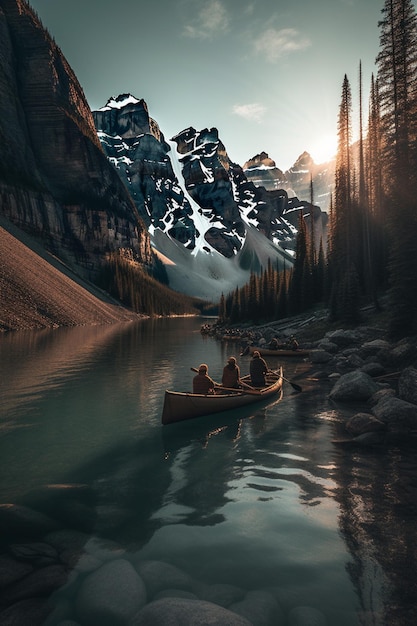 湖の上のカヌーに乗るカップル