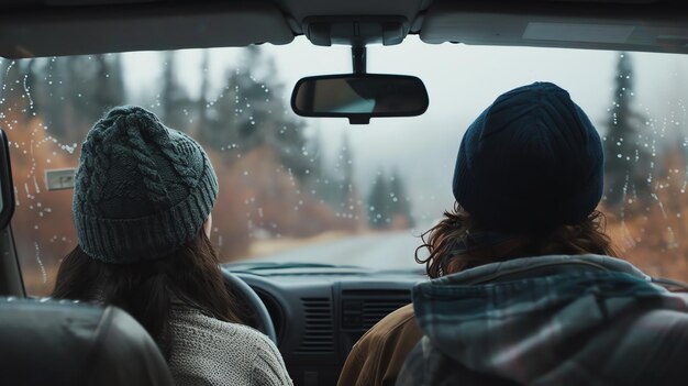 Photo a couple in a car looking out the window