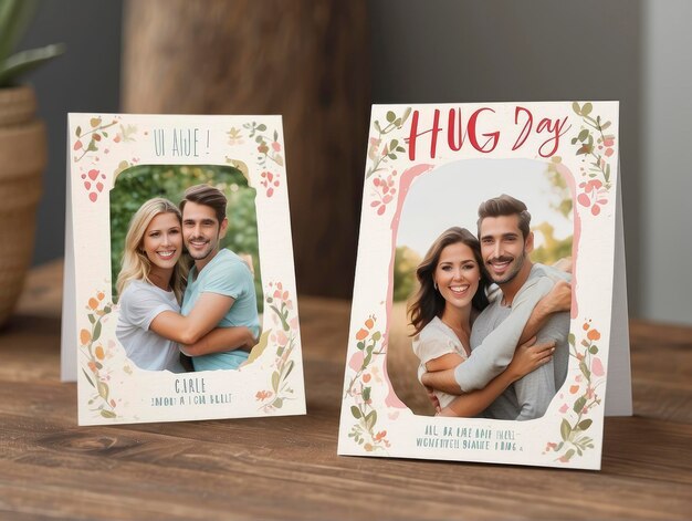 テーブルの上にそれらの写真を掲げたカードのカップル