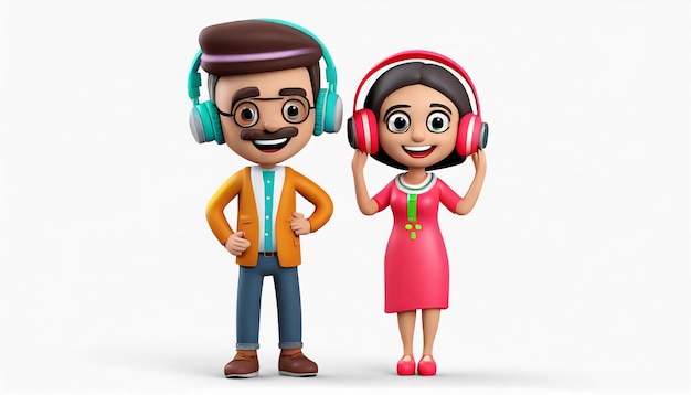 Photo couple cartoon characters listening to music