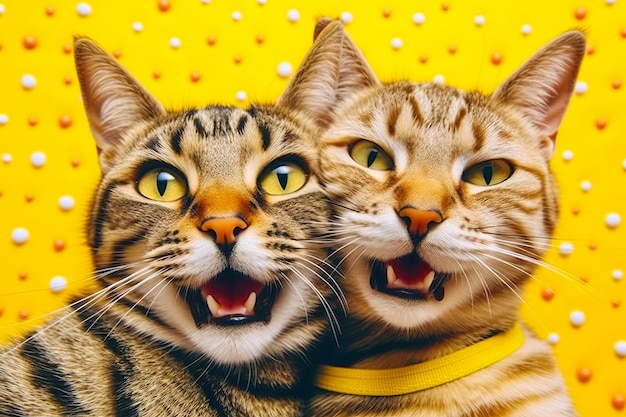 Couple of cats standing next to each other with their mouths open in front of them generative ai