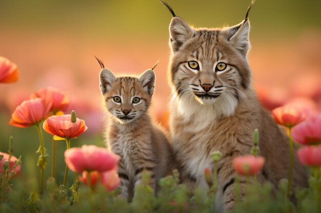 A couple of cats standing in a field of flowers