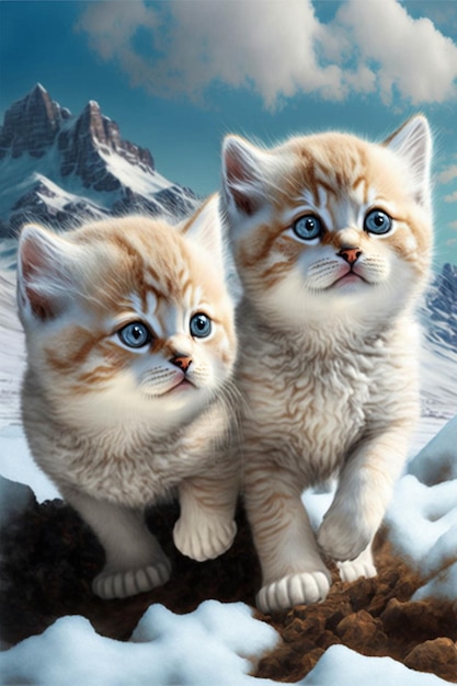 Couple of cats standing on top of a snow covered ground generative ai