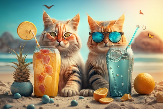 Пара кошек в очках со свежим соком и фруктами на фоне пляжа