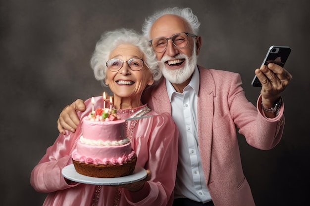 ケーキとキャンドルで誕生日を祝うカップル