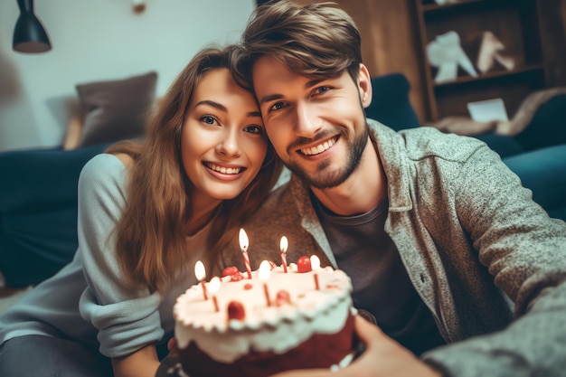 A couple celebrating a birthday with a cake